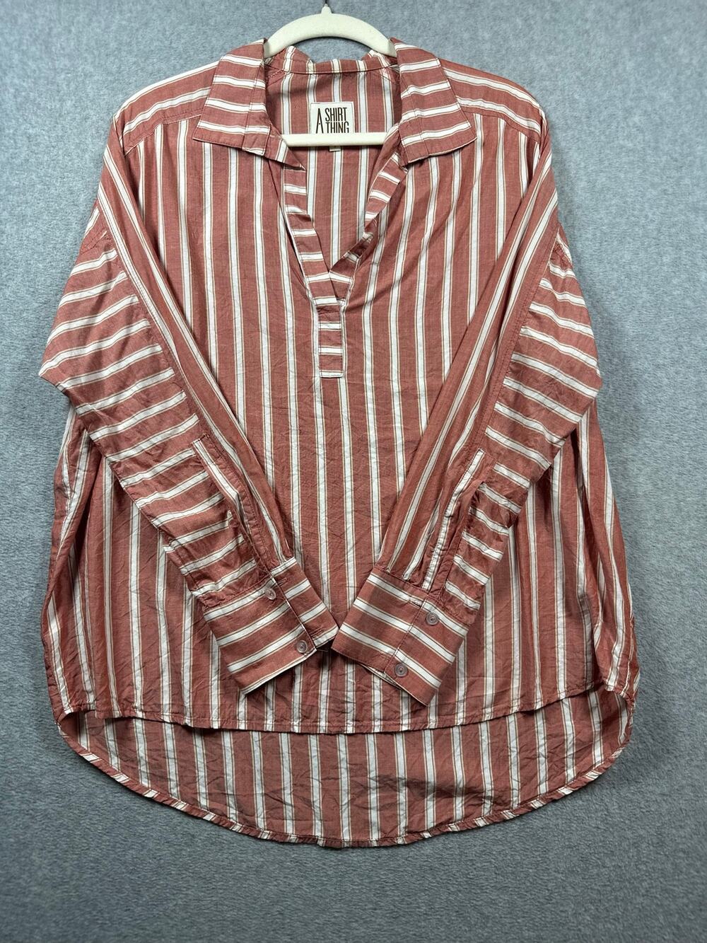 A Shirt Thing Blouse Top Women's Small Red White Striped Long Sleeve V-Neck